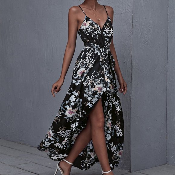 Dresses & Skirts - New Wrap Belted Floral Print Cami Dress Black